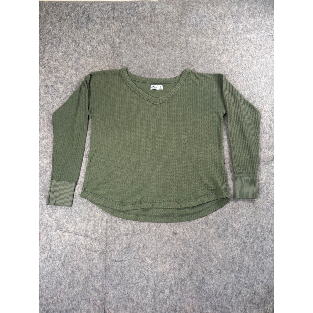Hollister Waffle Knit Top Womens S Green Thermal V-Neck Curved Hem Casual Preppy
